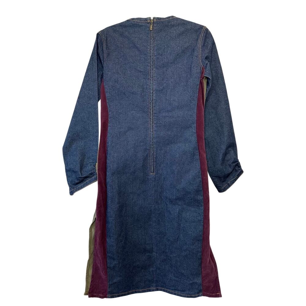 Vintage FUBU Denim Long Sleeve Dress Corduroy Patchwork Stripes Vneck Size 7/8 - Picture 2 of 16